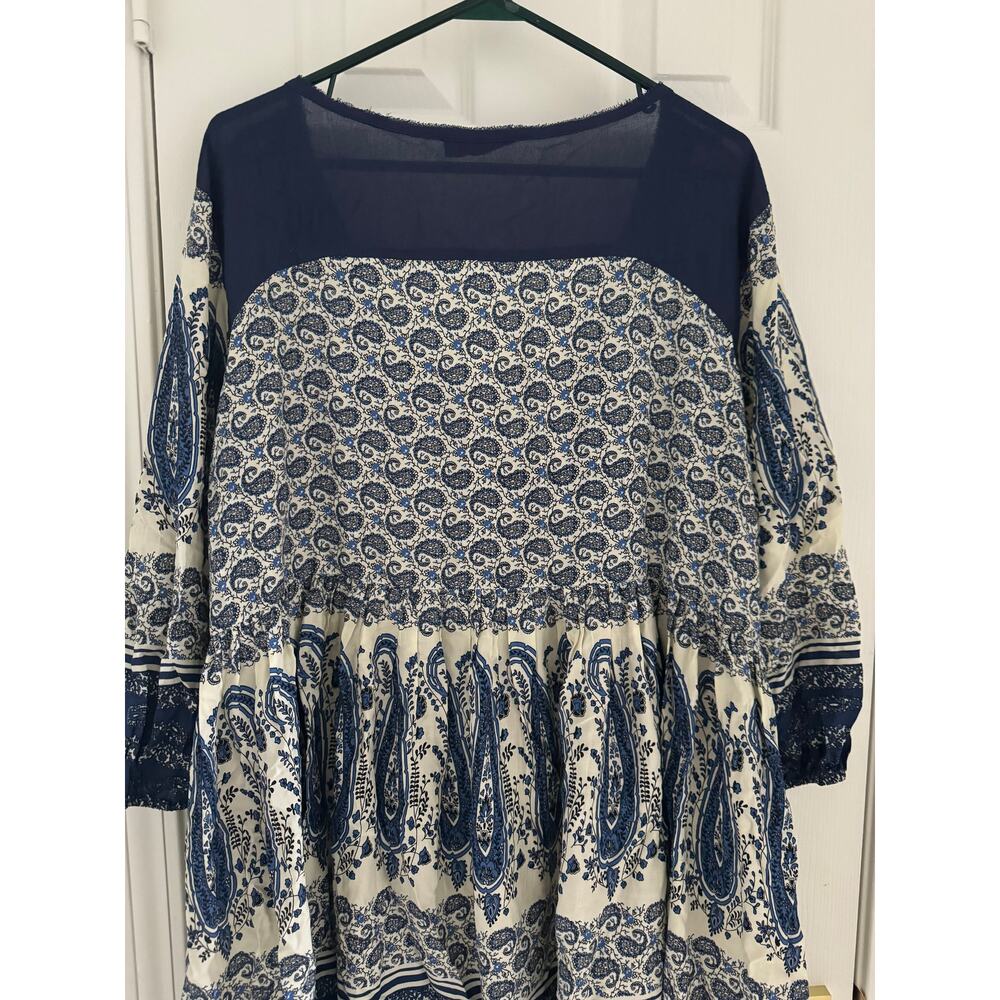 EN CREME Blue White Paisley Embroidered Boho Tunic Mini Dress Tassel Women's 1X - Picture 9 of 12